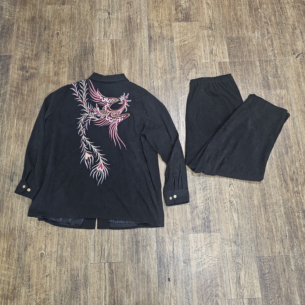 Bob Mackie Wearable Art 2X Black Phoenix Embroidered 2 Pc Jacket & Pants set